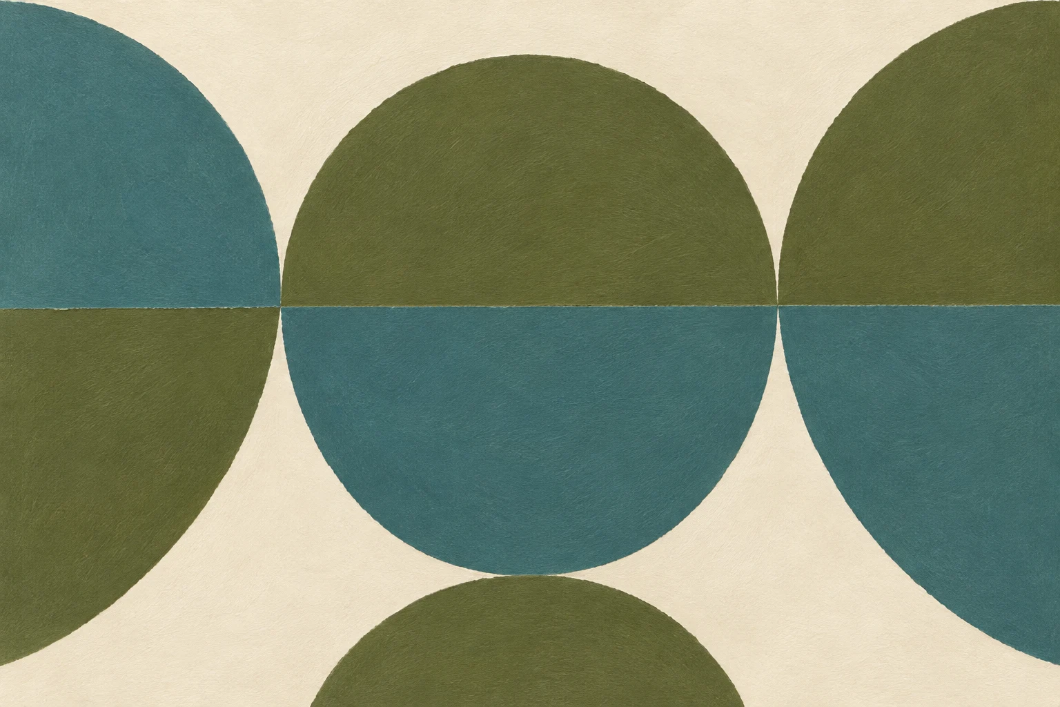 Interlocking half-moons in olive, teal, cream; landscape artwork.