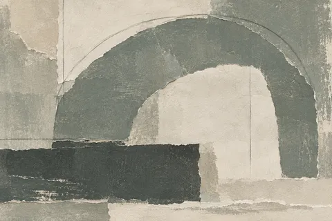 A wide arch over a low block in gray, cream, sand, charcoal; landscape artwork.
