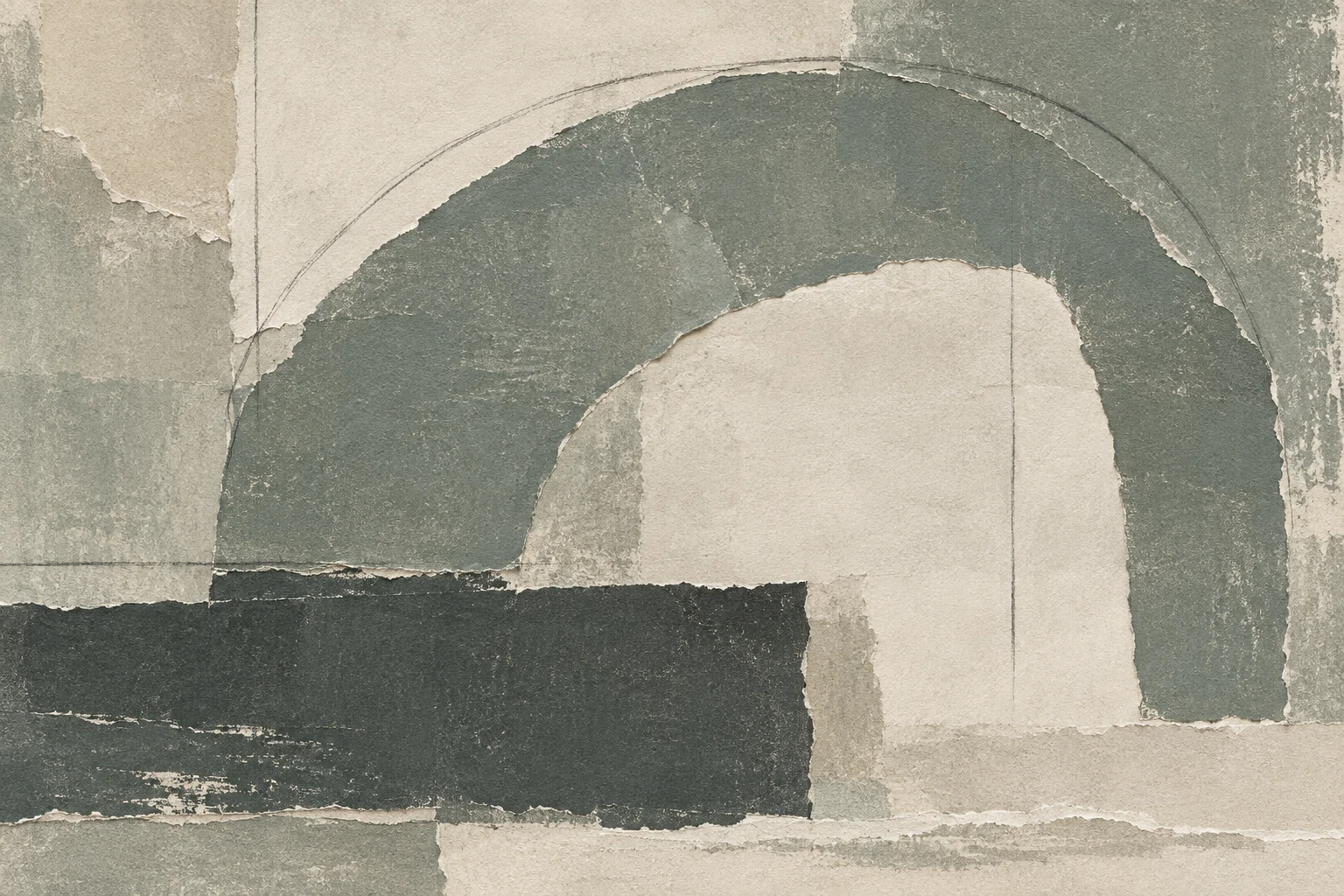 A wide arch over a low block in gray, cream, sand, charcoal; landscape artwork.