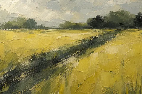 Dark diagonal track crossing a textured yellow field toward trees beneath a gray sky.