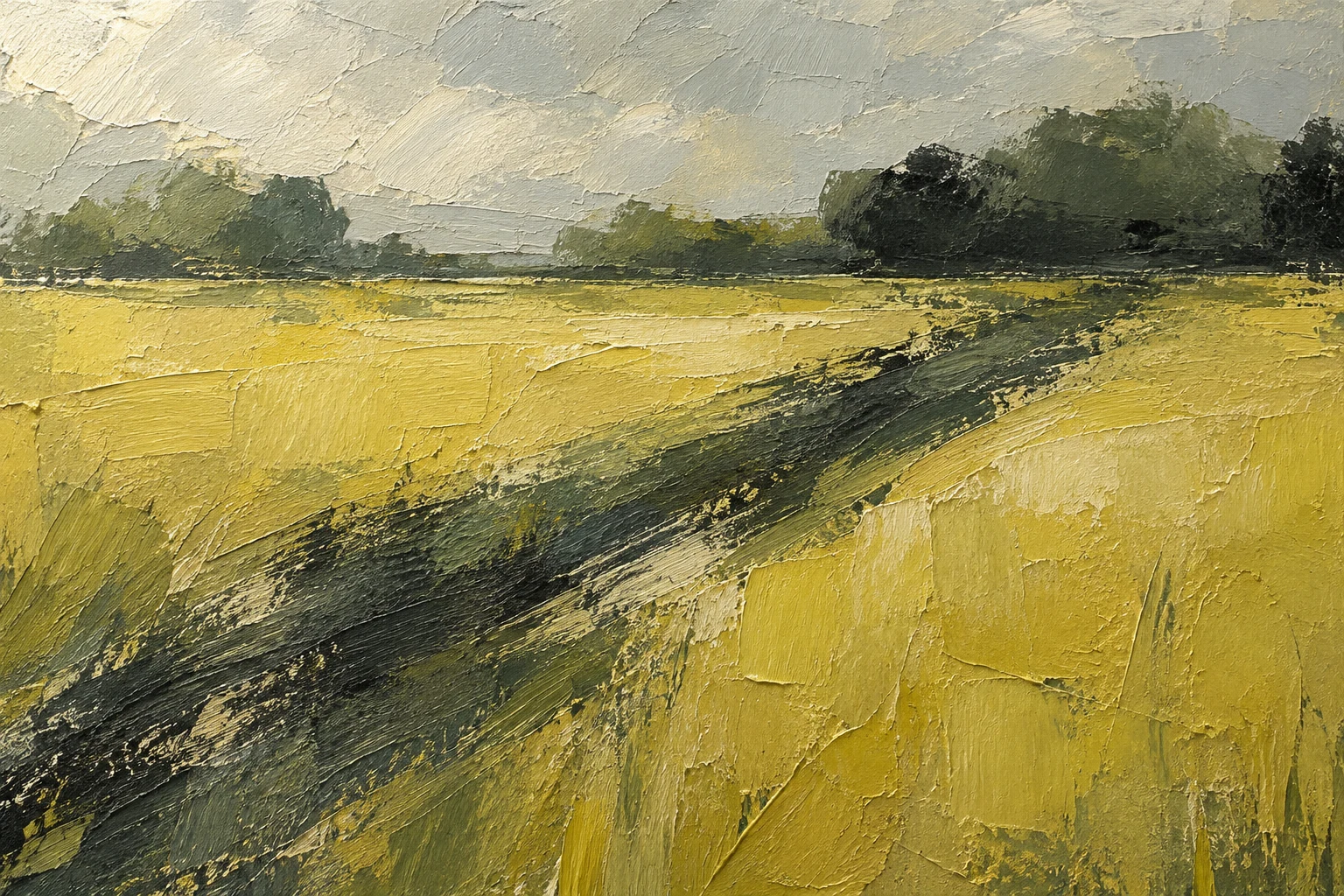 Dark diagonal track crossing a textured yellow field toward trees beneath a gray sky.