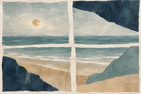 A window of four uneven panes in stone, gray, navy, cream; landscape artwork.