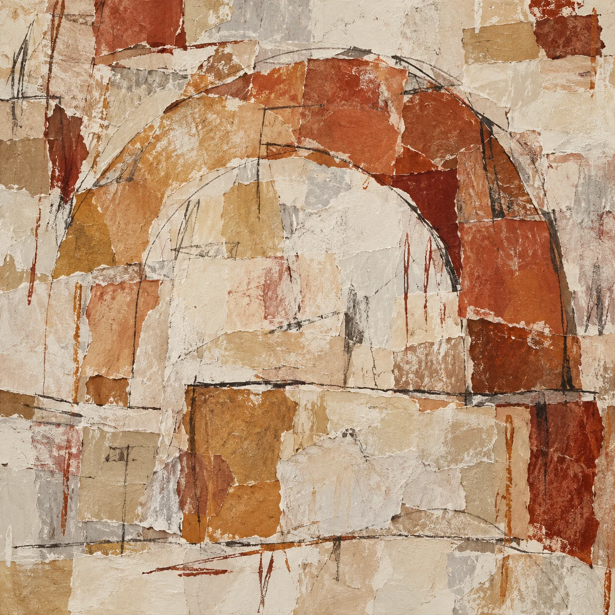 A wide arch over a low block in stone, sand, terracotta, cream; square artwork.