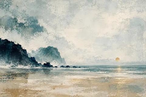 Small warm sun above a pale blue sea, with dark rocky headlands at left and softly textured shore reflections.