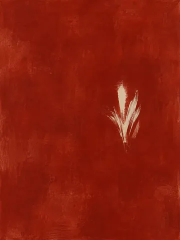 A fan of tapering strokes in rust; portrait artwork.