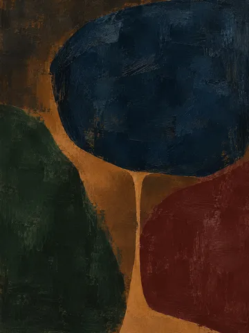 One heavy block balanced on a thin stem in black, burgundy, brown; portrait artwork.