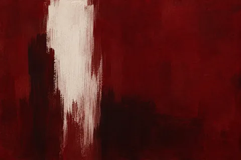A single brushstroke column set off-center in burgundy, black, blush; landscape artwork.