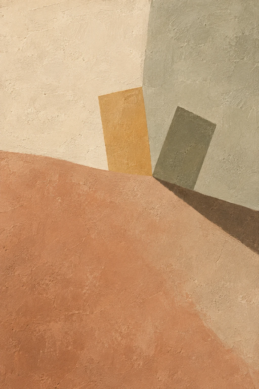 Two leaning rectangles touching at a corner in sand, ochre, cream, blush; portrait artwork.