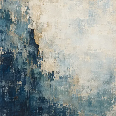 A torn edge revealing a darker layer beneath in cream, taupe, navy, gray; square artwork.