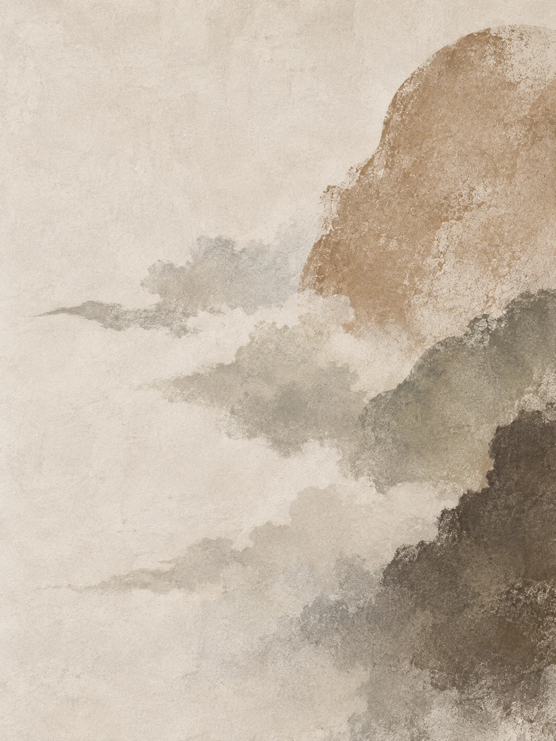 Soft cloud-like forms drifting left in cream, stone, sand, taupe; portrait artwork.