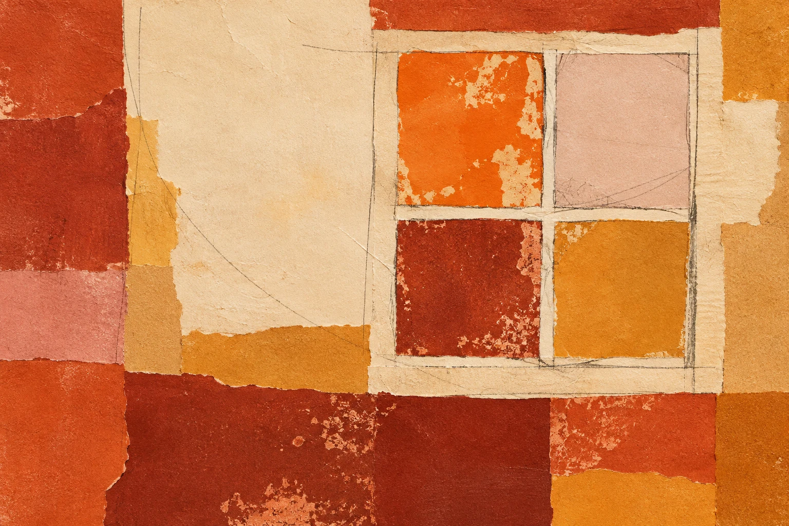 A window of four uneven panes in cream, orange, terracotta, rust; landscape artwork.