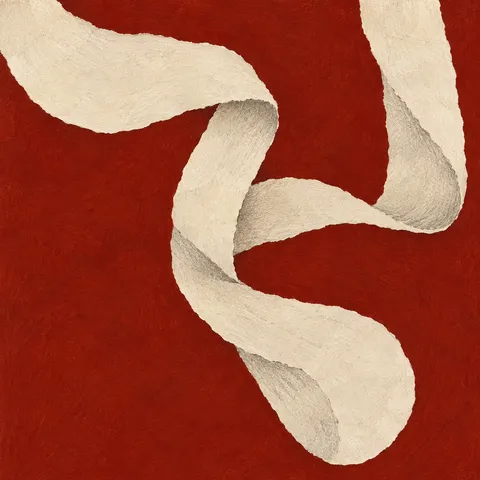 A ribbon shape folding back on itself in rust, cream, burgundy, ochre; square artwork.