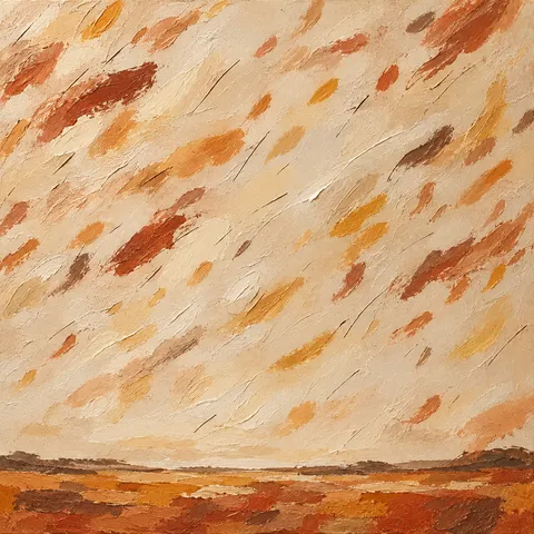 A field of small dashes drifting like rain in stone, sand, cream, ochre; square artwork.