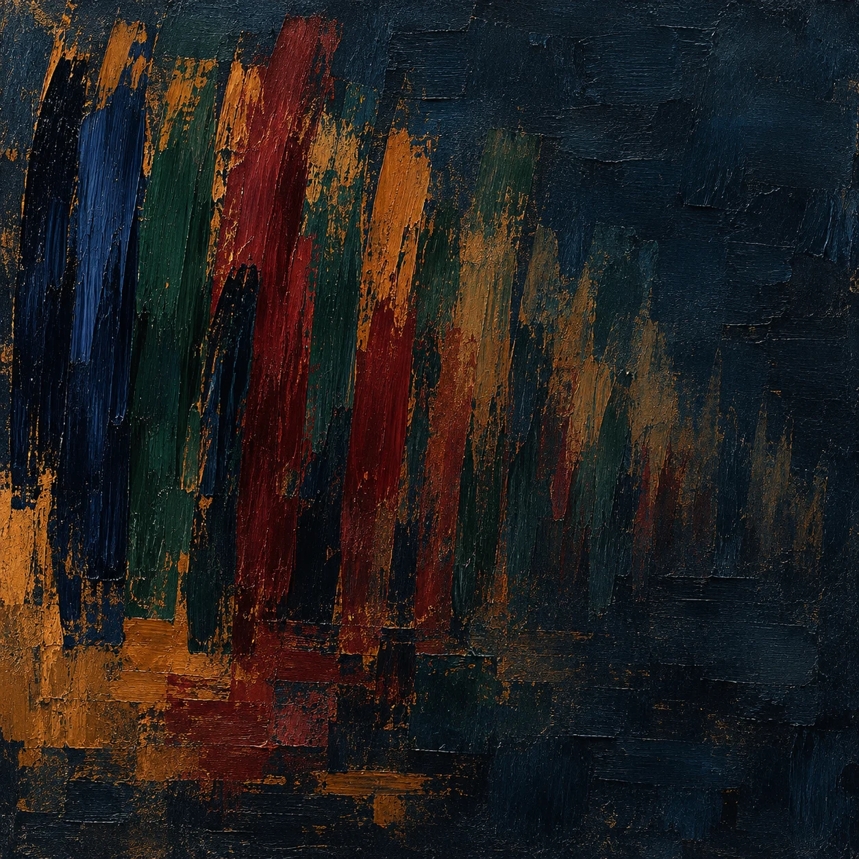 A comb of vertical strokes fading to the right in black, burgundy, brown; square artwork.