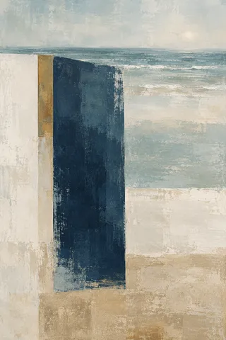 A monolith form standing left of center in stone, cream, sand, navy; portrait artwork.