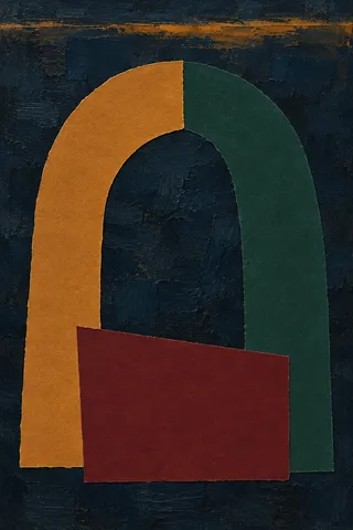 A wide arch over a low block in black, forest green, burgundy, terracotta; portrait artwork.