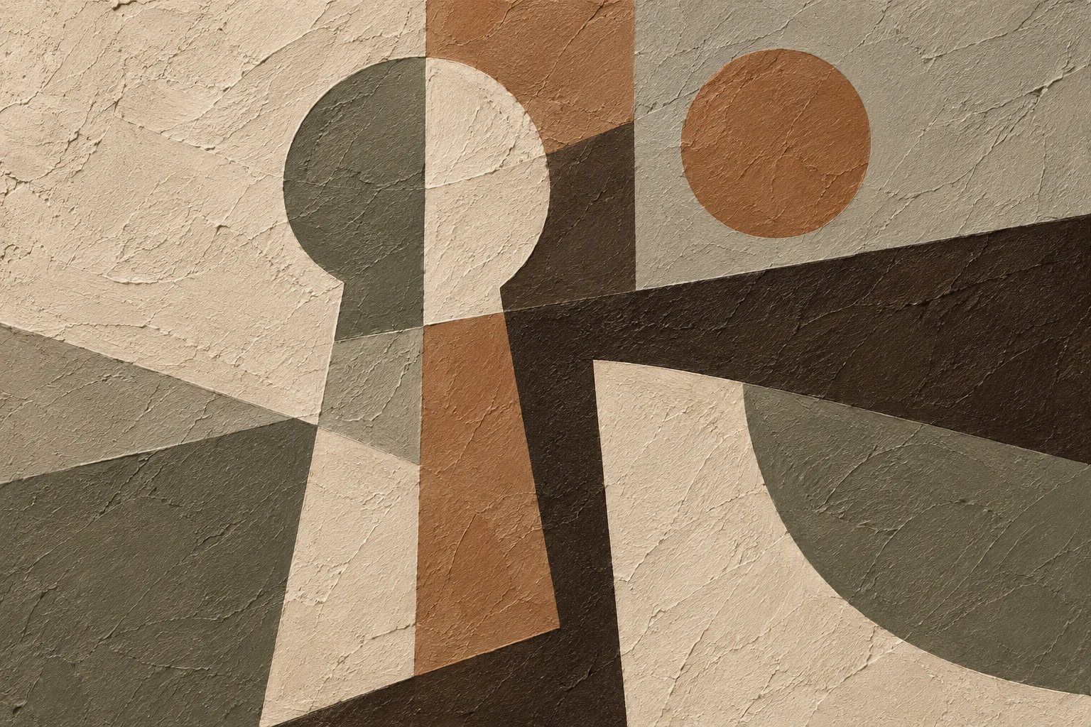 A keyhole shape in a broad field in stone, olive, sage, black; landscape artwork.