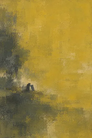 Two leaning rectangles touching at a corner in ochre, olive, charcoal, taupe; portrait artwork.