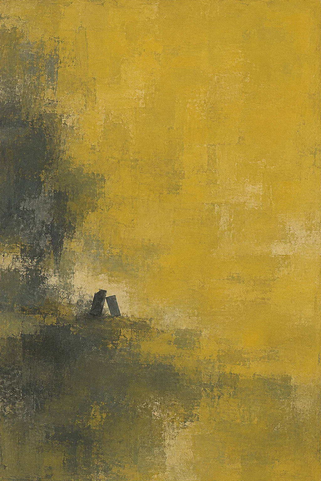 Two leaning rectangles touching at a corner in ochre, olive, charcoal, taupe; portrait artwork.