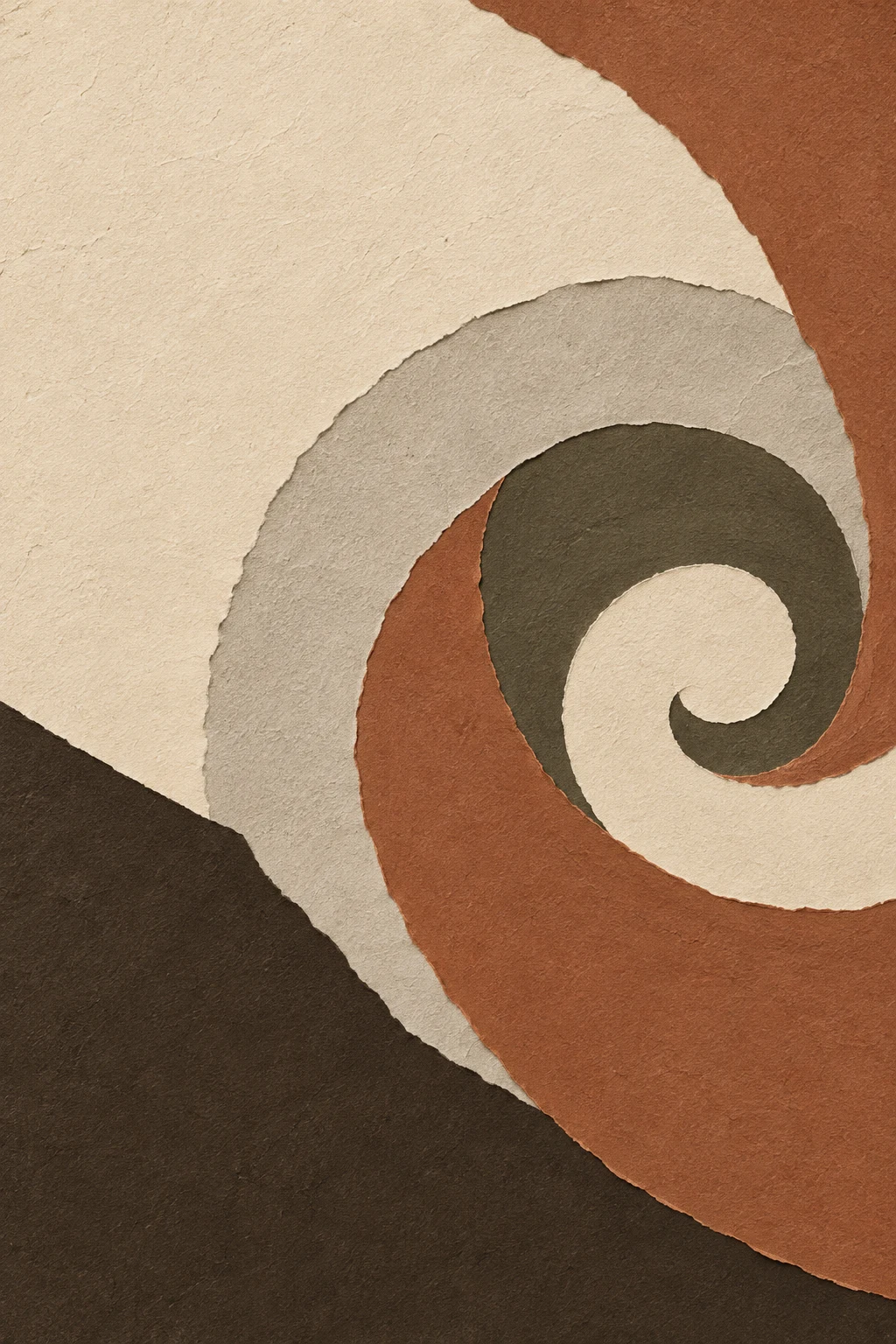 A spiral drawn in one dry stroke in cream, terracotta, burgundy, stone; portrait artwork.