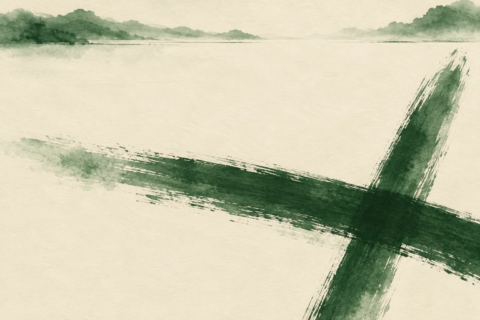 A tilted cross of two brush marks in cream, forest green, stone, taupe; landscape artwork.