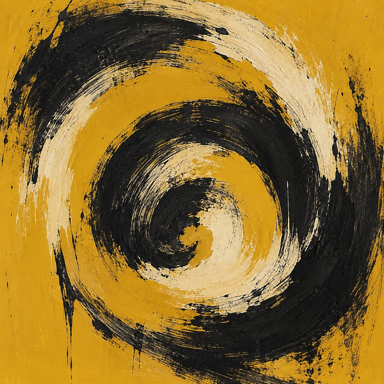 A spiral drawn in one dry stroke in orange, black, ochre, stone; square artwork.