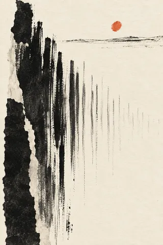 A comb of vertical strokes fading to the right in cream, black, stone, charcoal; portrait artwork.