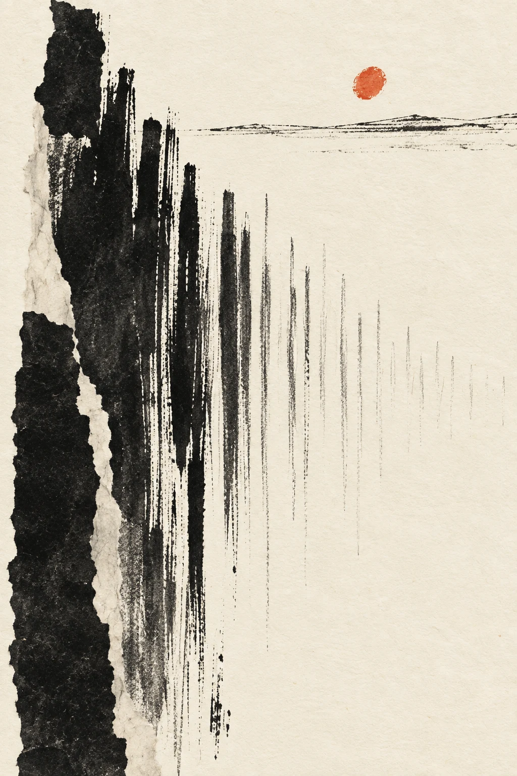 A comb of vertical strokes fading to the right in cream, black, stone, charcoal; portrait artwork.