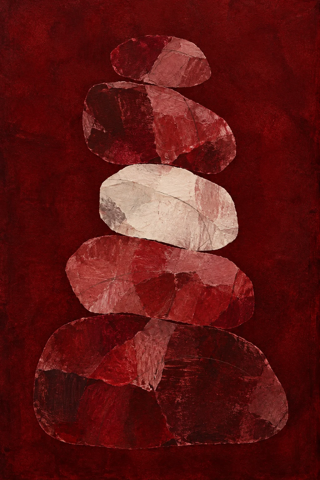 Stacked rounded stones of uneven size in burgundy, black, terracotta; portrait artwork.