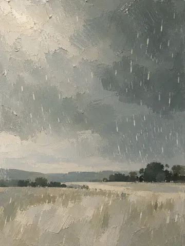 Fine rain marks in a gray sky above pale fields, a dark tree line and distant hills.