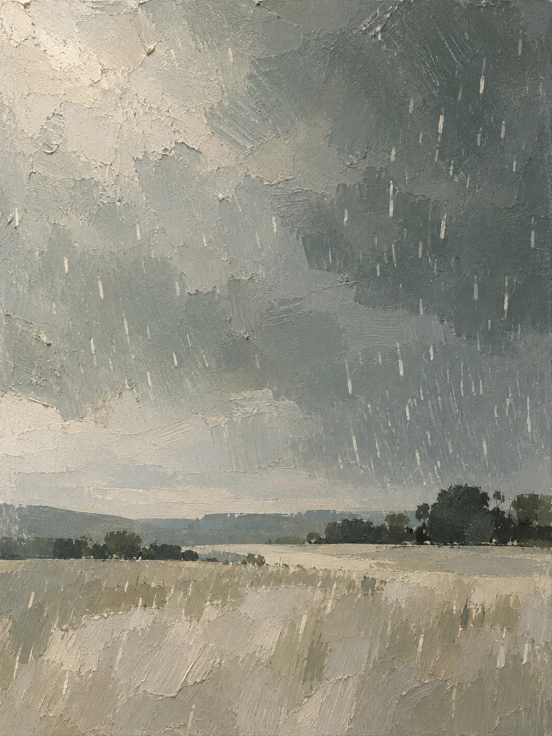 Fine rain marks in a gray sky above pale fields, a dark tree line and distant hills.