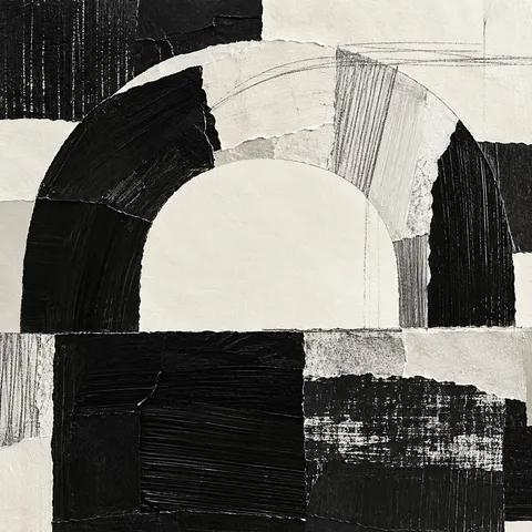A wide arch over a low block in black, cream, gray; square artwork.