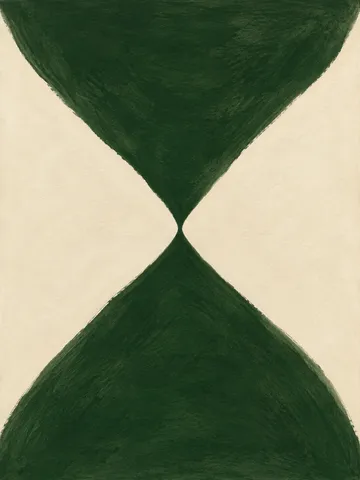 An hourglass of two soft triangles in forest green, cream; portrait artwork.