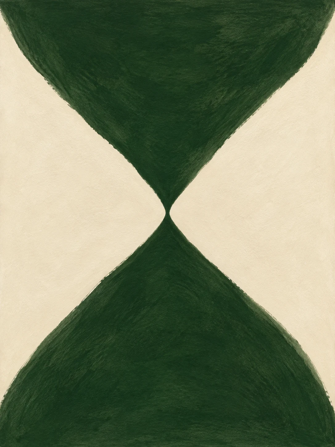 An hourglass of two soft triangles in forest green, cream; portrait artwork.