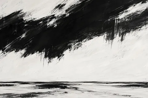 A wide band with a frayed lower edge in cream, black, white, charcoal; landscape artwork.