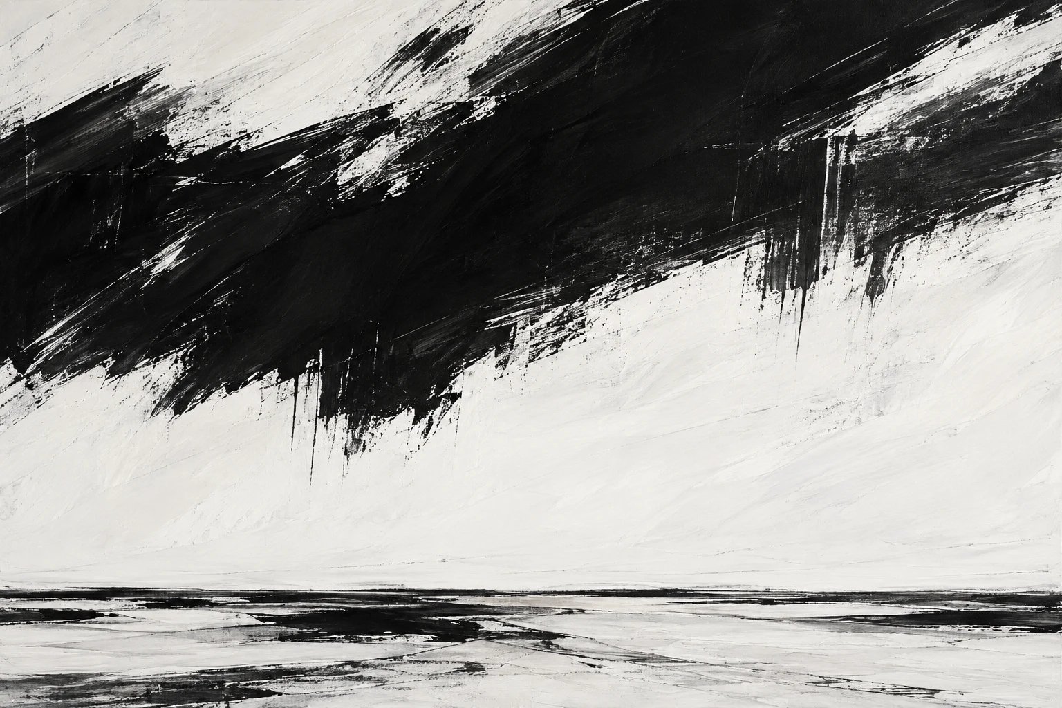 A wide band with a frayed lower edge in cream, black, white, charcoal; landscape artwork.