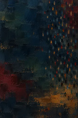 A field of small dashes drifting like rain in black, burgundy; portrait artwork.