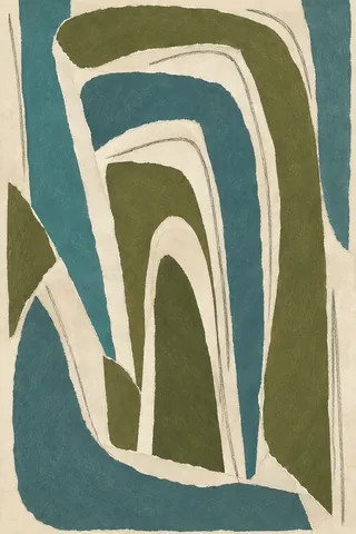 Nested U shapes in olive, cream, teal, stone; portrait artwork.