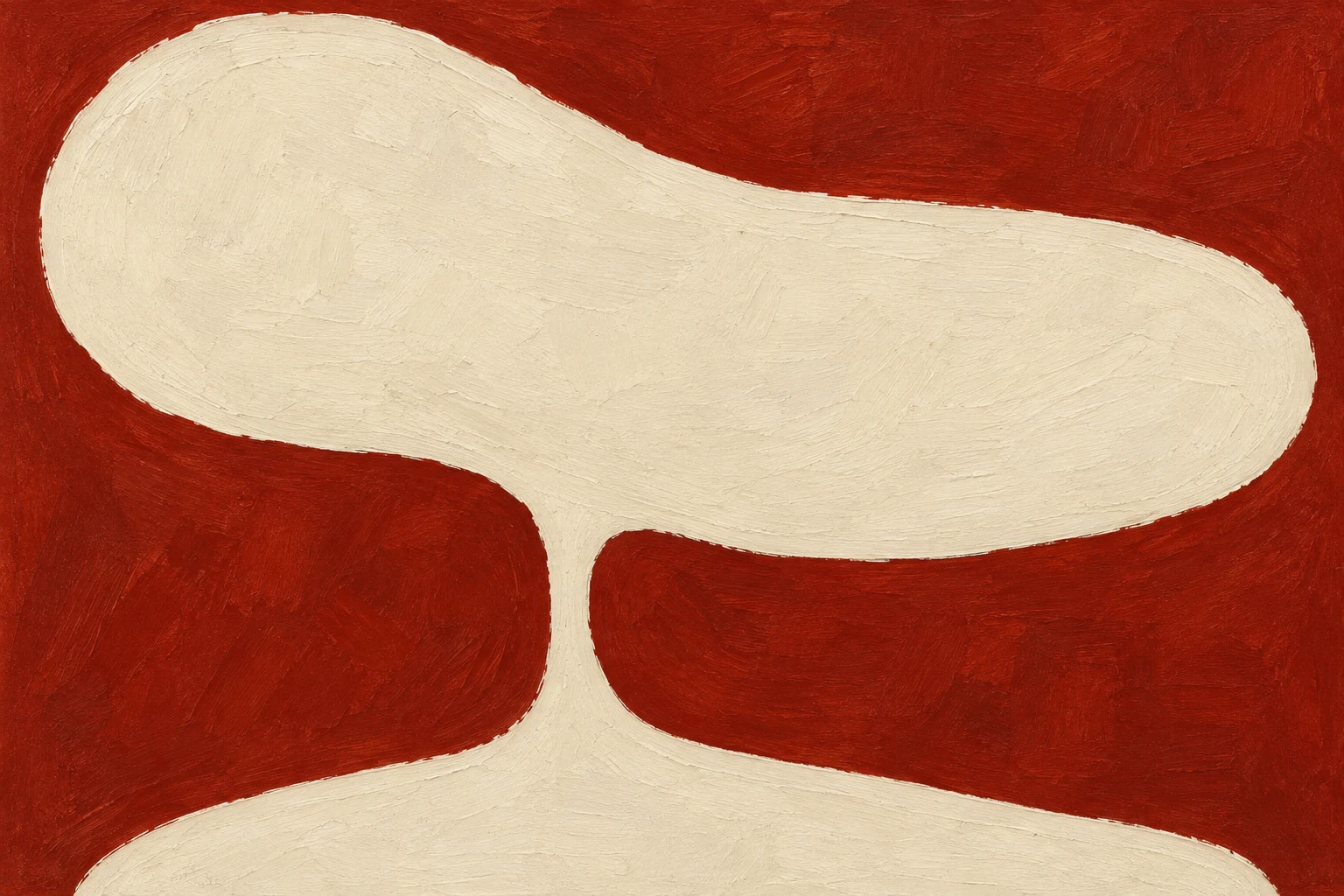 One heavy block balanced on a thin stem in rust, cream; landscape artwork.