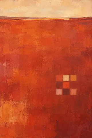 A loose grid of soft squares with one missing in red, stone, rust, orange; portrait artwork.