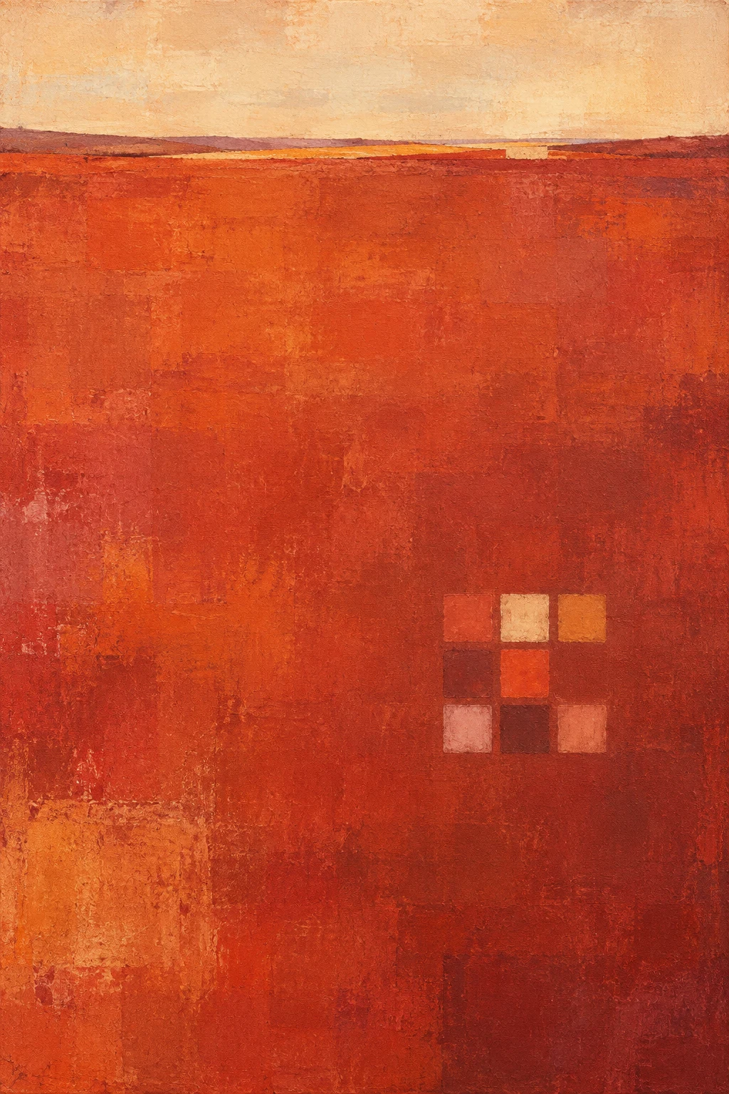 A loose grid of soft squares with one missing in red, stone, rust, orange; portrait artwork.