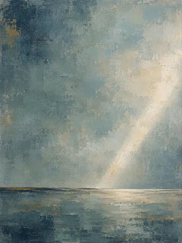 A diagonal plane of light crossing a textured field in gray, stone, olive, blue; portrait artwork.
