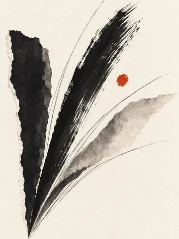 A fan of tapering strokes in white, black, cream, stone; portrait artwork.