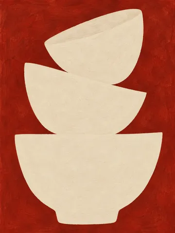 Three stacked bowls drawn as flat shapes in cream, rust; portrait artwork.