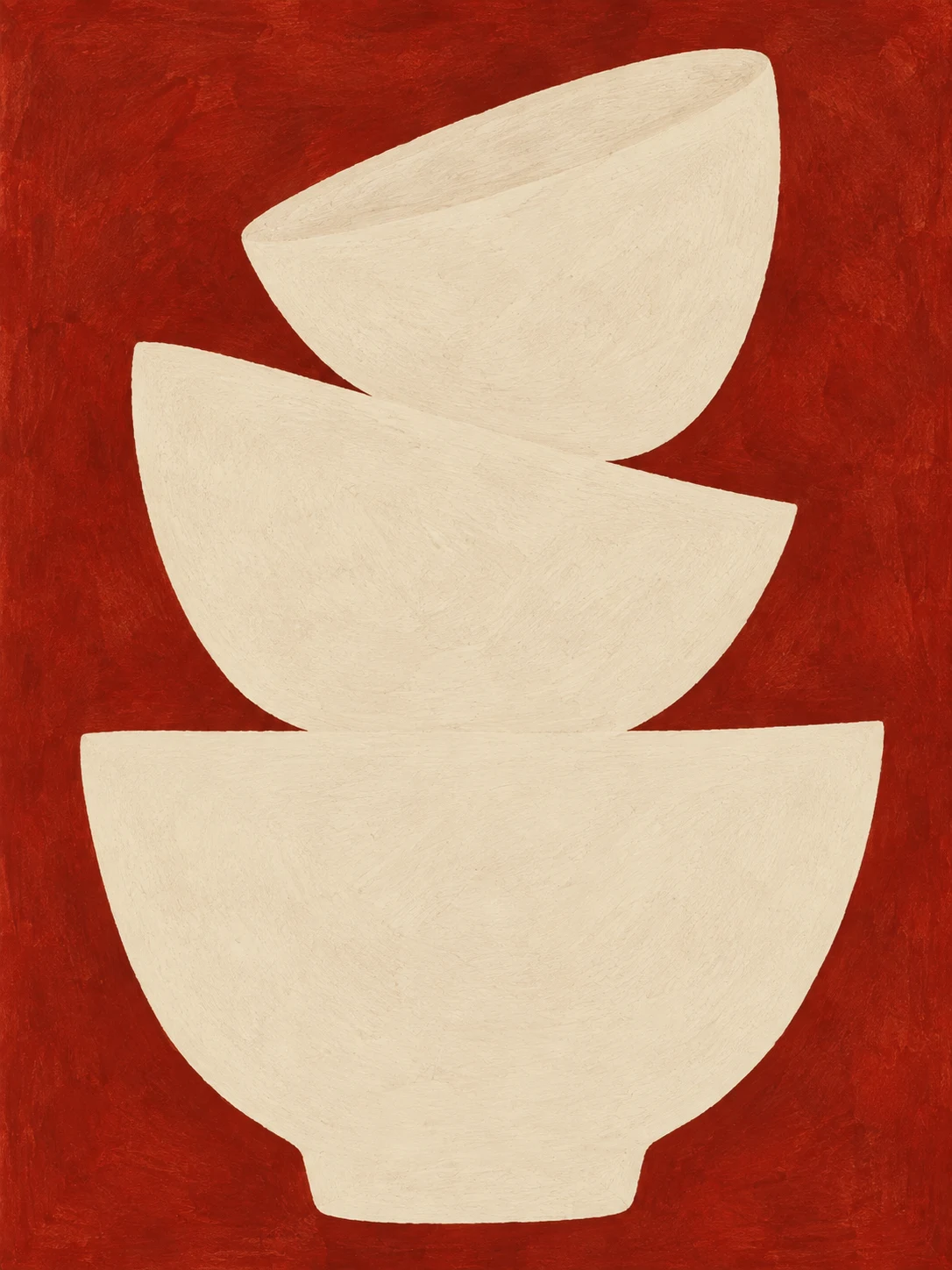 Three stacked bowls drawn as flat shapes in cream, rust; portrait artwork.
