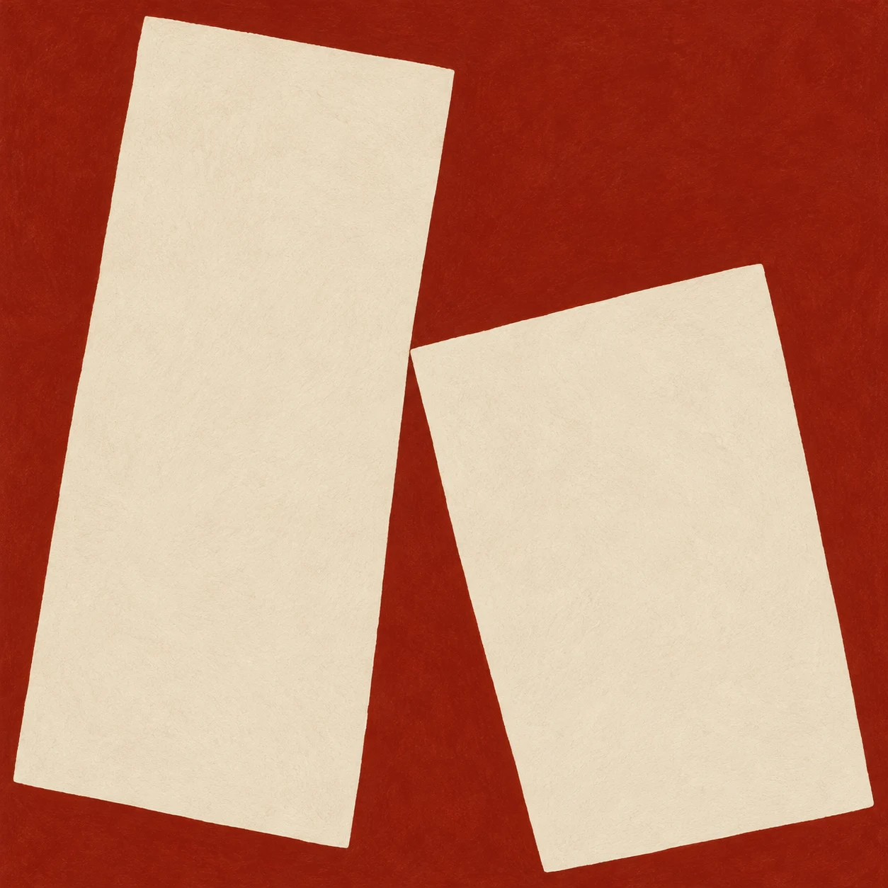 Two leaning rectangles touching at a corner in cream, rust; square artwork.