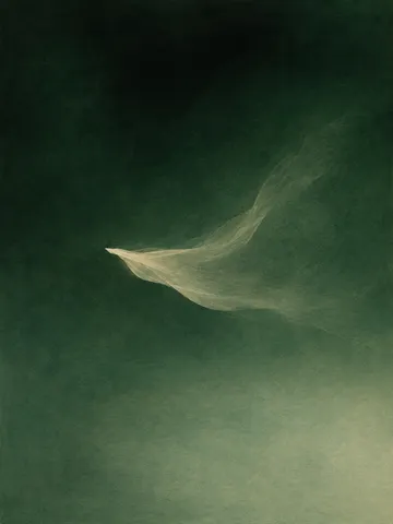 A drifting veil of thin washes in black, forest green, green, sage; portrait artwork.