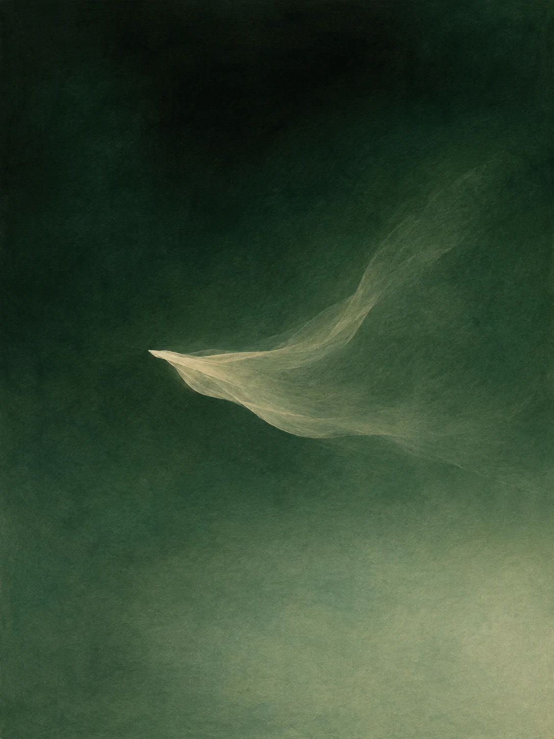 A drifting veil of thin washes in black, forest green, green, sage; portrait artwork.