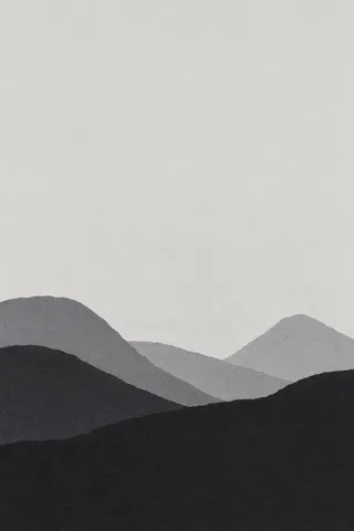Layered hills reduced to flat curves in cream, black, charcoal, stone; portrait artwork.