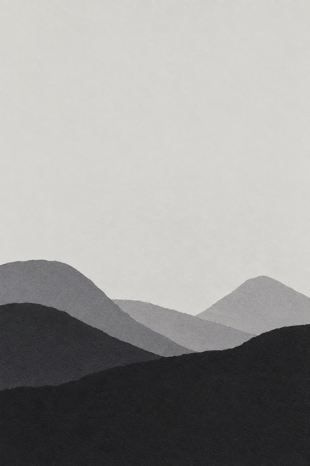 Layered hills reduced to flat curves in cream, black, charcoal, stone; portrait artwork.